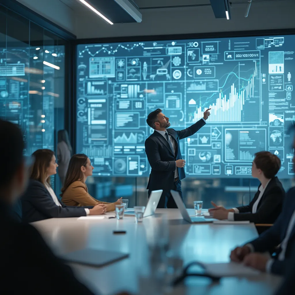 Consultor presentando soluciones innovadoras en una pantalla transparente a un grupo de clientes